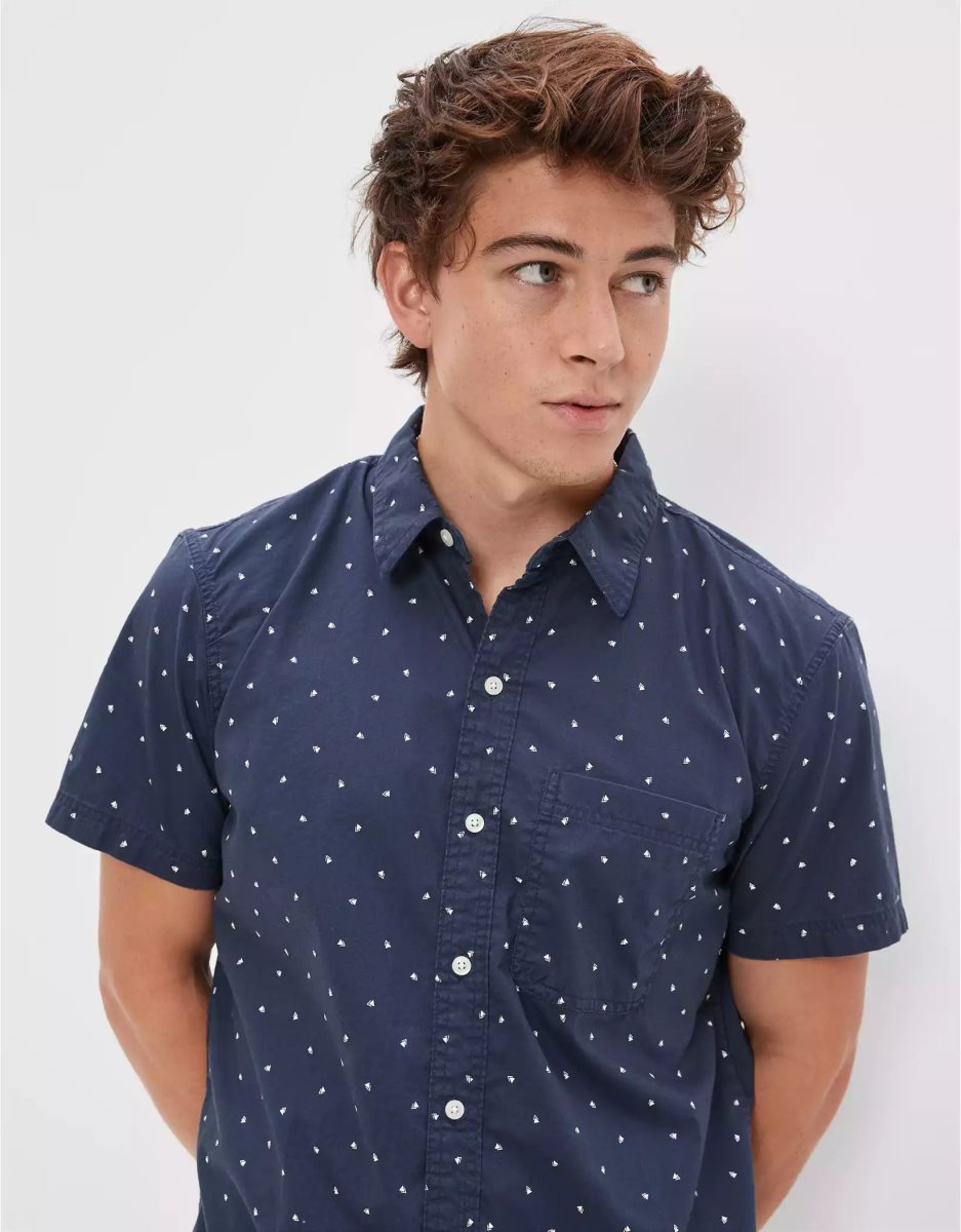 Hauts Flanelle American Eagle AE Micro Dot Button-Up Resort Shirt Bleu Marine Homme | AHW-08368666